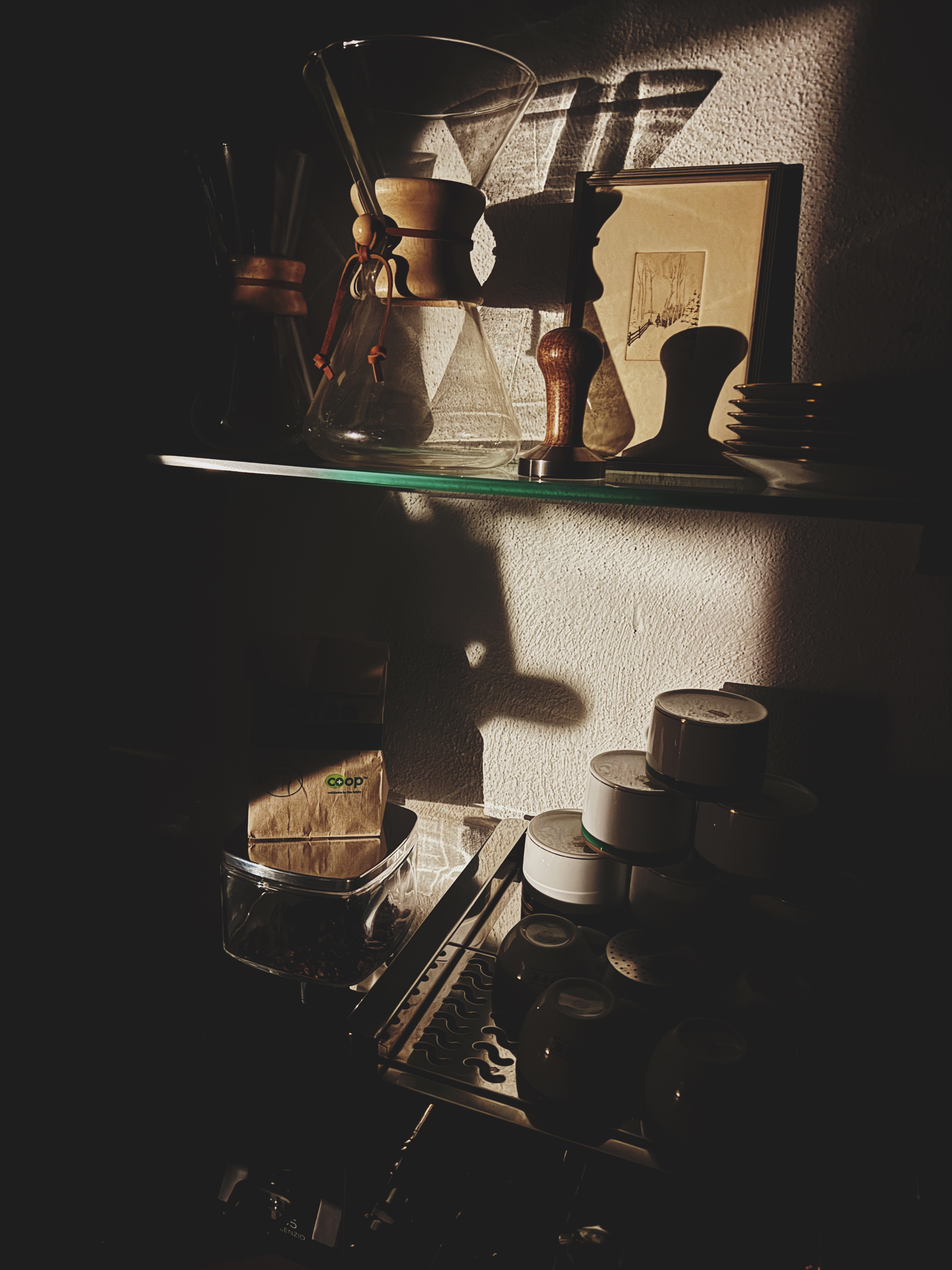 Chemex and coffee tools on shelf